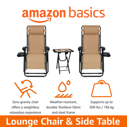 Amazon Basics Outdoor Textilene Adjustable Zero Gravity Folding Reclining Lounge Chair Set with Cup Holder, Side Table, Headrest, Weather-Resistant, 35 x 26 x 43 inches, Beige, 2-Pack