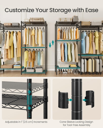 SONGMICS Heavy-Duty Clothes Rack, Garment Rack, Portable Closet, 68.7-Inch Wide Clothing Rack with Adjustable Mesh Shelves and Hanging Rails, Ink Black ULGR433B01