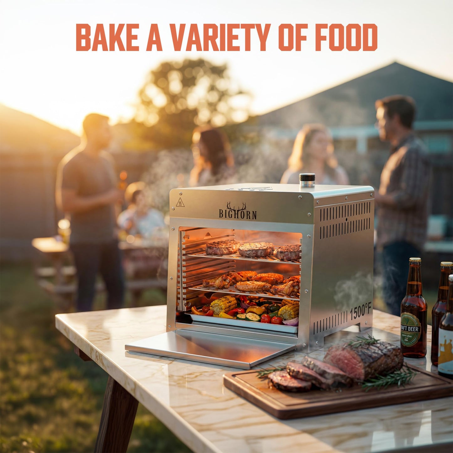BIG HORN OUTDOORS 1500°F Small Infrared Propane Gas Grill – Portable Steak Broiler & Sear Station, Outdoor Salamander BBQ with Pizza Stone, Stainless Steel, 16 inch