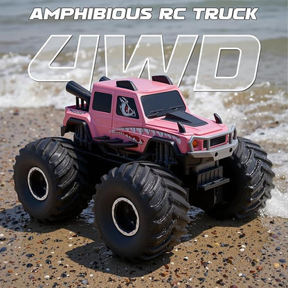 Amphibious Remote Control Trucks2.4G 1:18 4WD All Terrain Off-Road Waterproof Monster RC Cars Pool Toys Hobby RC Vehicle Christmas Birthday Gifts for Kids Boys Girls 8 9 10 11 12+ Pink