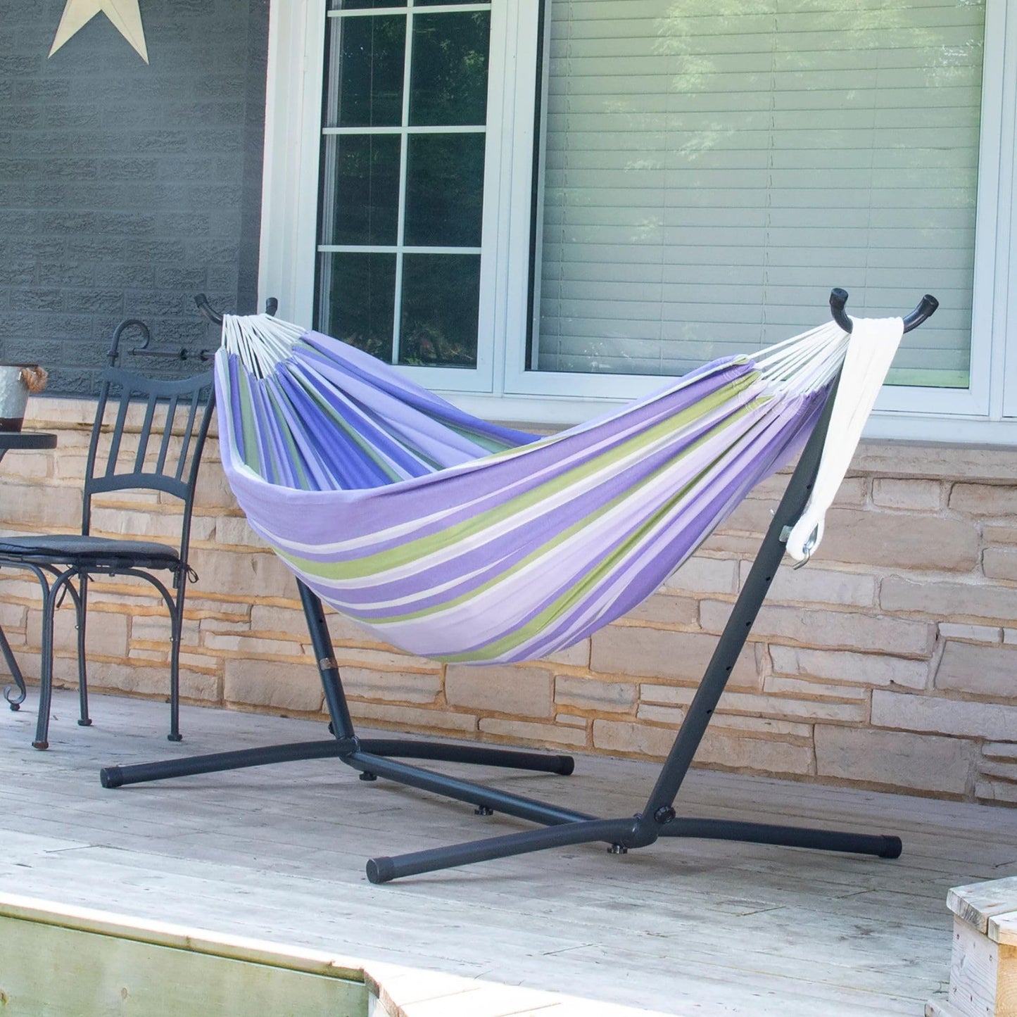 Vivere Double Cotton Hammock with Space Saving Steel Stand, Upgraded Polyester End Strings 450 lb Capacity - Premium Carry Bag Included - USA Grown Cotton (Tranquility)