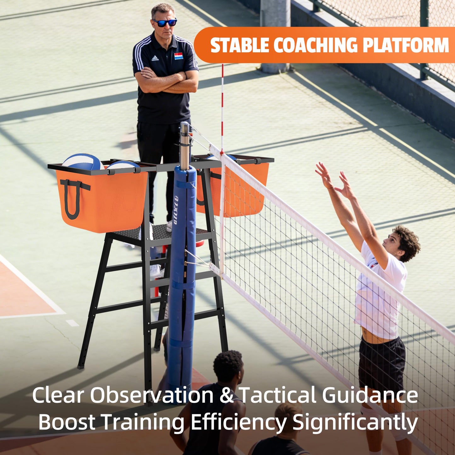 MR Portable Volleyball Coaching Tower with Ball Bag Attachments, Adjustable Volleyball Referee Stand, Volleyball Training Tower for Passing, Defense, and Blocking Drills