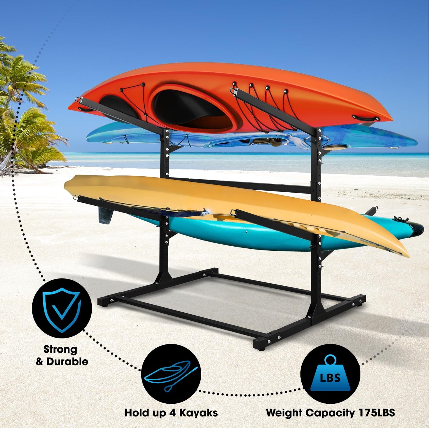 TPHUC Kayak Stand Freestanding Storage Rack for Kayak Canoe, Boat, Sup, Surfboard Bracket for Indoor, Outdoor, Garage, Shed, Dock with Lockable Wheel Wide Adjustable (4 Levels, Style 2)