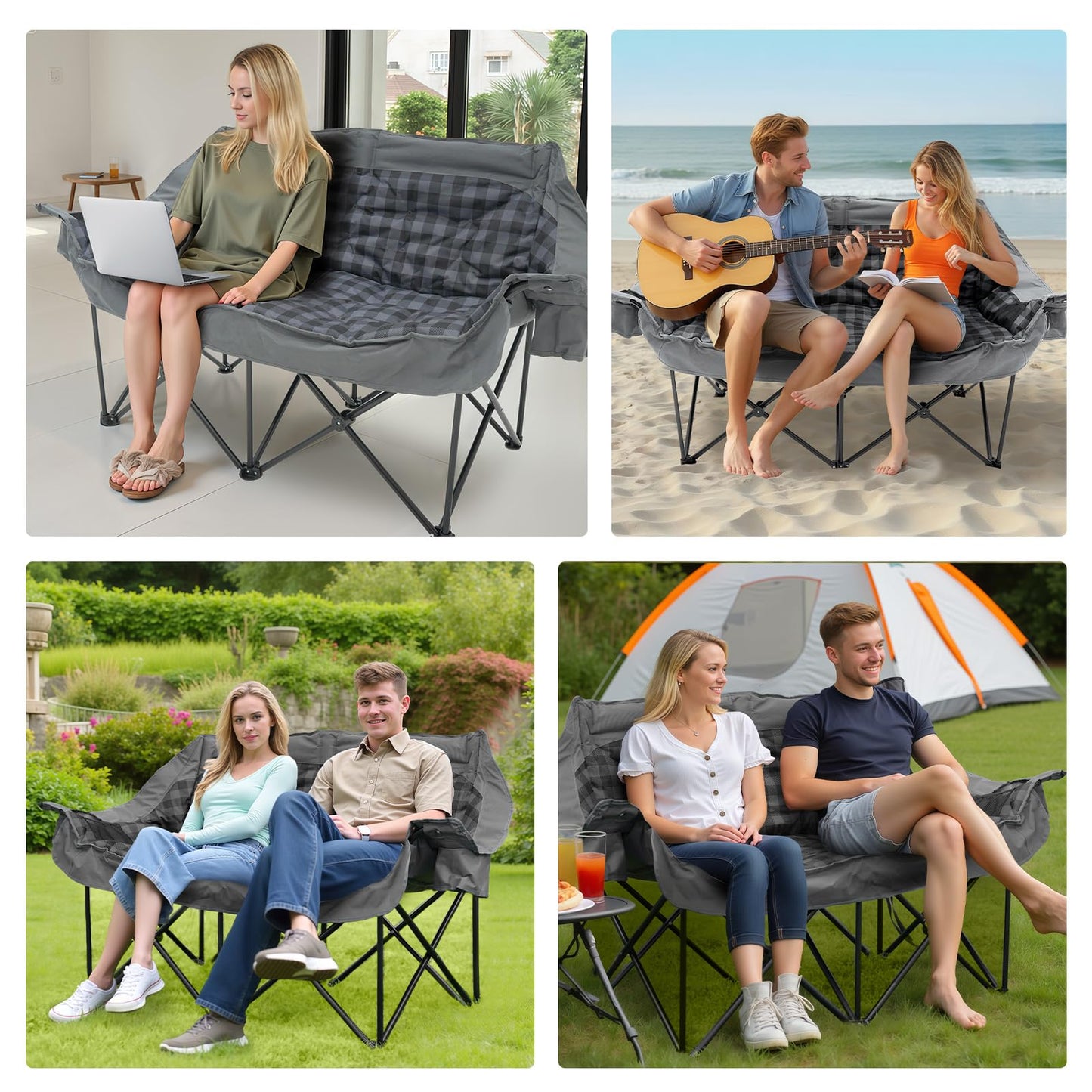 Heated Double Camping Chair with 2 Battery, Padded Camping Couch with 3 Heat Levels and 4 Heating Zones, Oversized Camp Loveseat Support 800lbs for Soccer Games, Tailgating, RV Travel, Beach Days