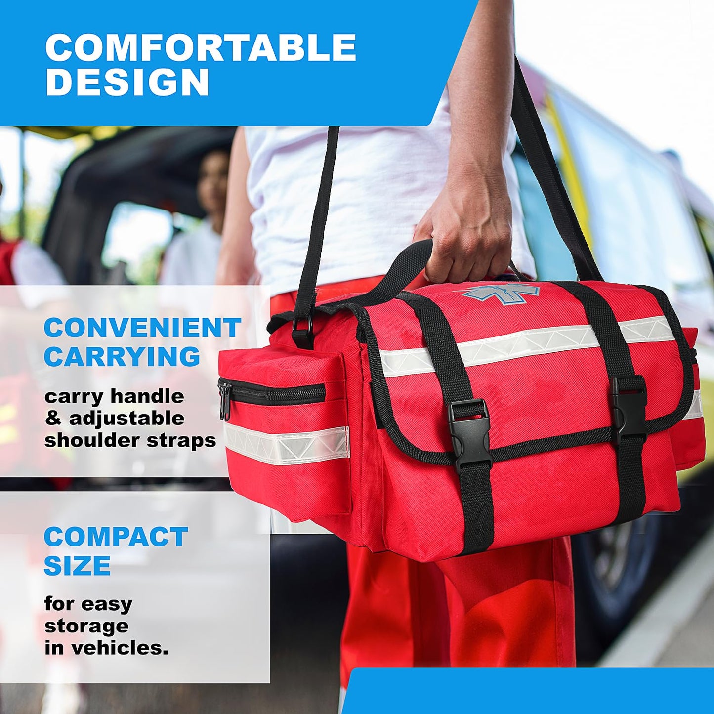 Primacare Fully Stocked Reflective Trauma Bag - 17" x 9" x 7" First Aid Responder Emergency Medical Supplies Kit, Professional EMT EMS Shoulder Bag with Zippered Side Pockets and Compartments (Red)