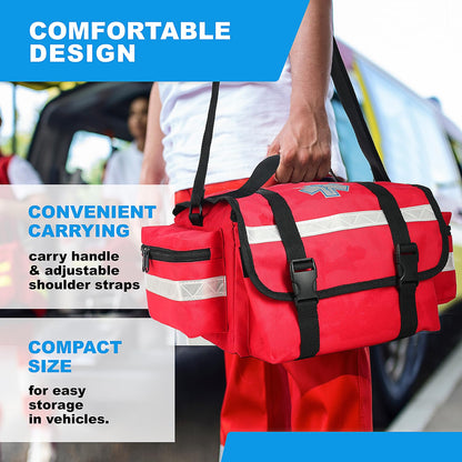 Primacare Fully Stocked Reflective Trauma Bag - 17" x 9" x 7" First Aid Responder Emergency Medical Supplies Kit, Professional EMT EMS Shoulder Bag with Zippered Side Pockets and Compartments (Red)