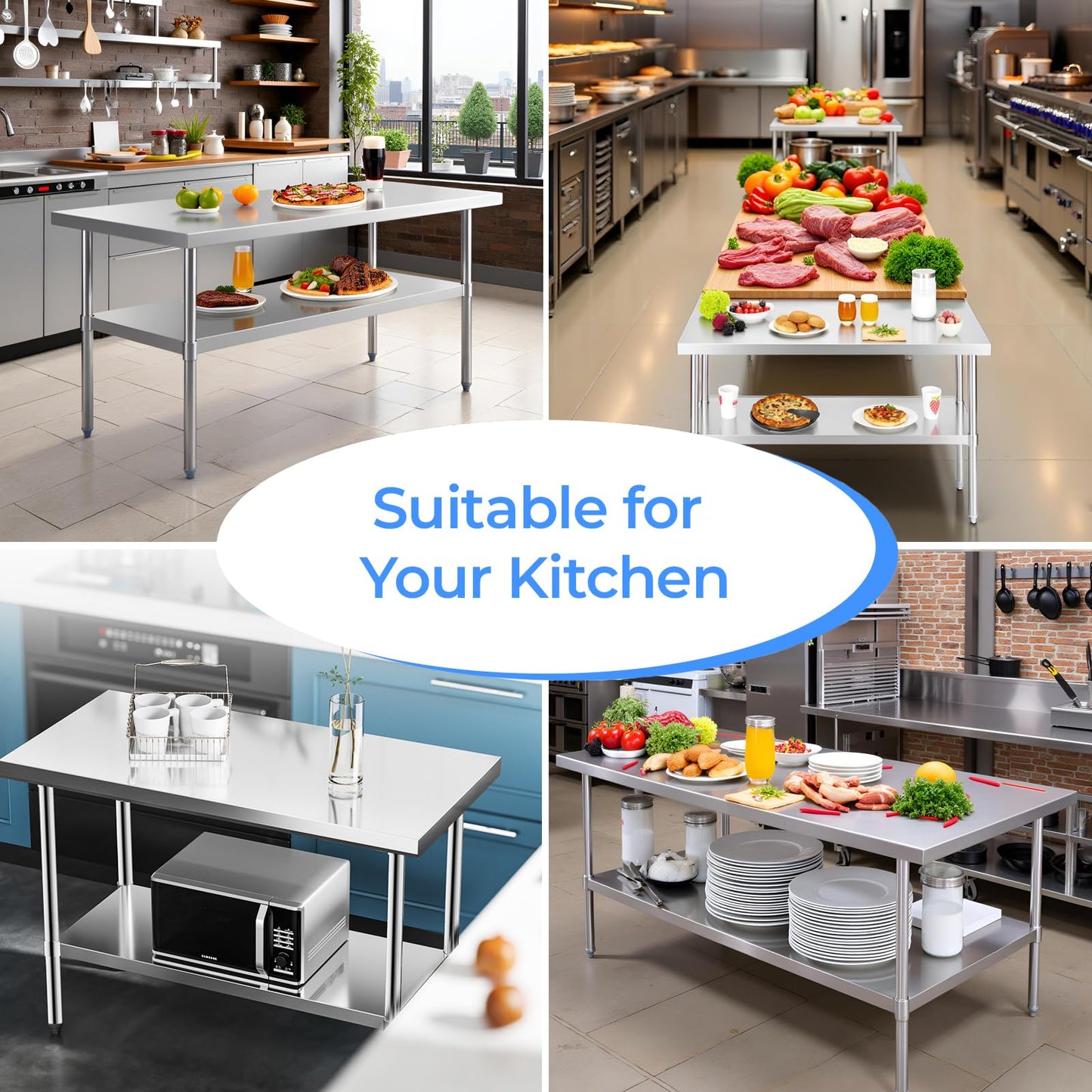 NUUK Stainless Steel Work Table 24" x 48", Commercial Kitchen Food Prep Table with Adjustable Height, Utility Worktable Metal Countertop Work Station for Restaurant, Home and Hotel