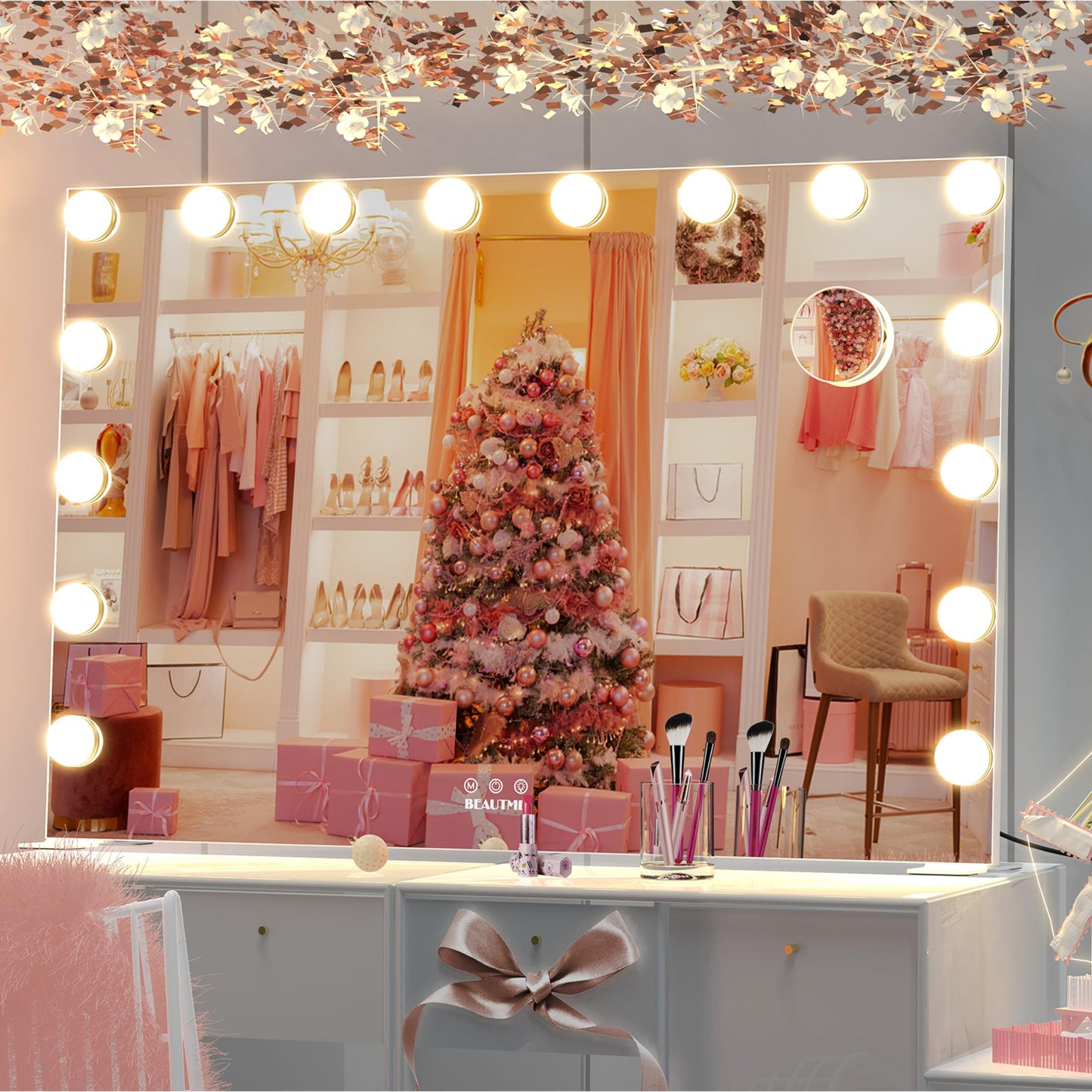 BEAUTME Large Vanity Mirror with Lights, 35.9''×24.3'' Makeup Mirror, Light up Mirror with 16 Dimmable LED Lights and 10X Magnification, 3 Colors Lights Modes, Touch Control, White