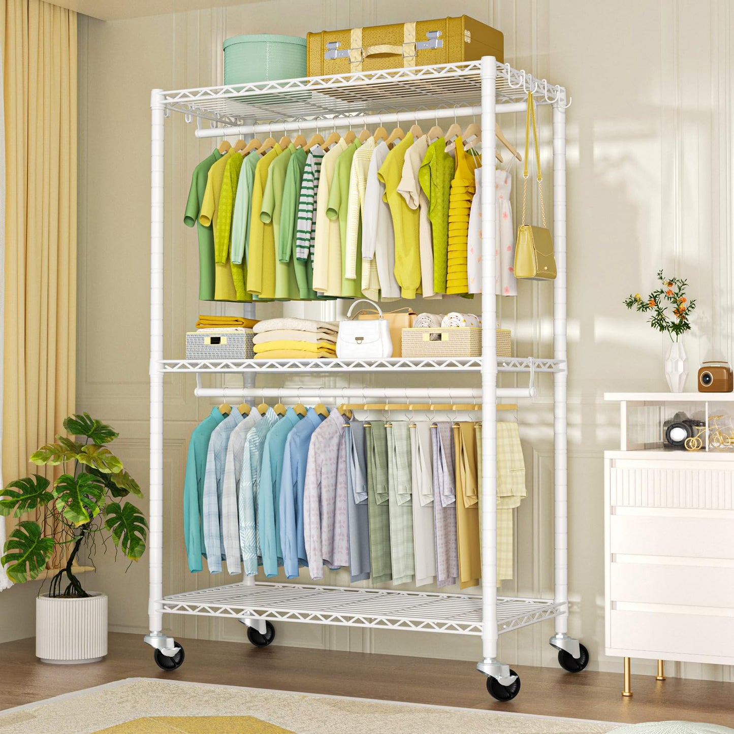 FUTASSI P3 Plus Rolling Clothes Rack, Clothing Racks for Hanging Clothes, Heavy Duty Garment Rack with Wheels, Freestanding Portable Closet Racks 45" W x 14" D x 78.5" H, Max Load 480 LBS, White