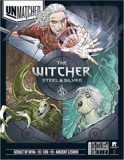 Restoration Games Unmatched The Witcher Steel &amp Silver - Strategy Board Game for Adults - Witcher Heroes Expansion with Double Sided Battlefield - 2-3 Players - 30 Min Playtime - Ages 9+