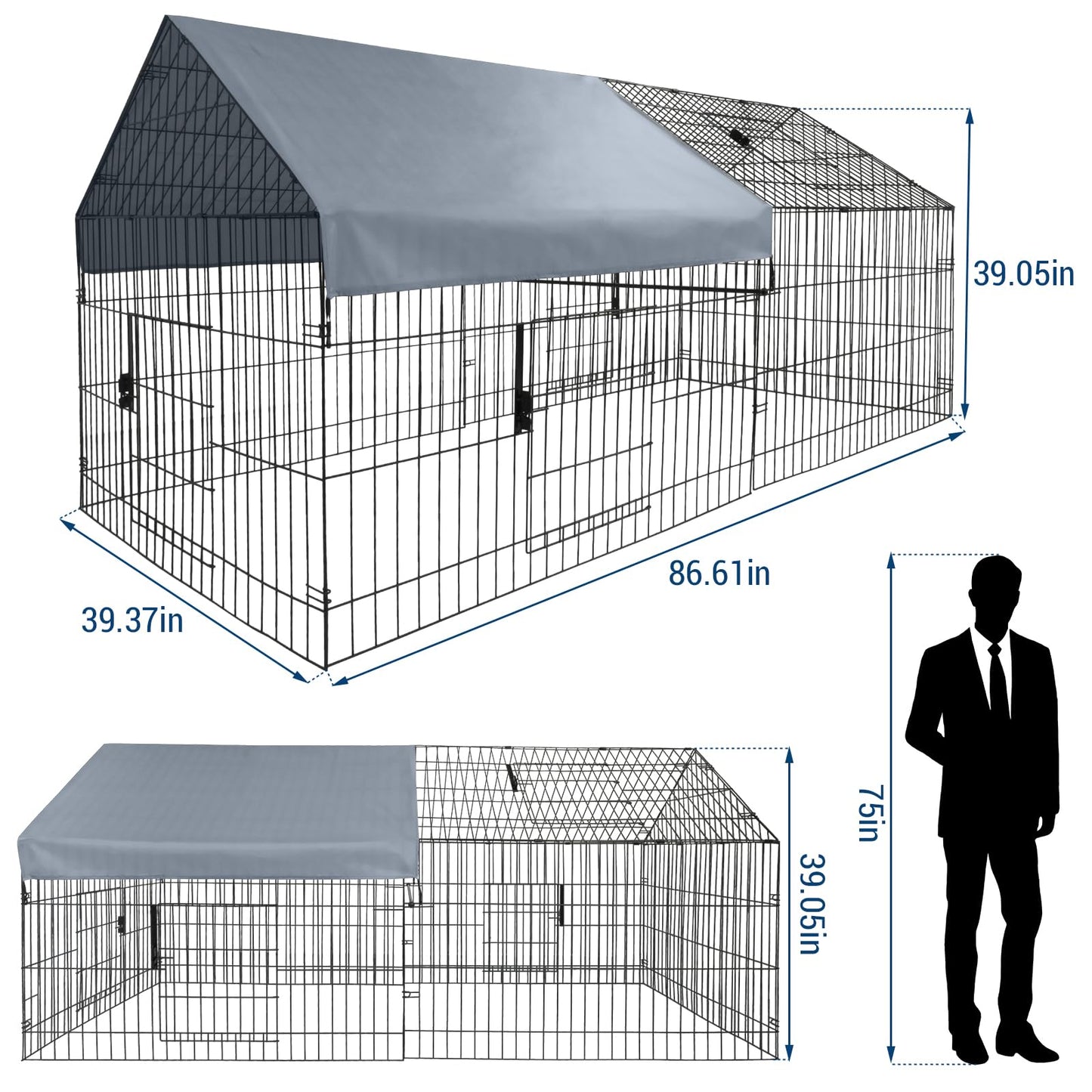 GarveeHome Large Metal Chicken Coop,86" L x 40" W Portable Chicken Run with Waterproof Cover, Chicken Coop Run, Outdoor Backyard Farm Poultry Fence Pet Playpen for Rabbit, Duck, Chinchillas