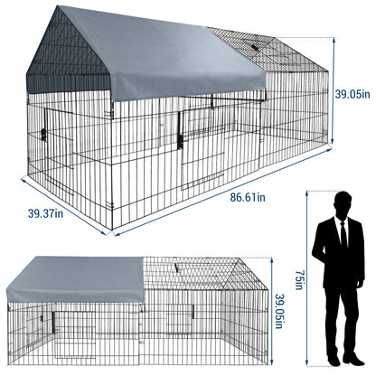GarveeHome Large Metal Chicken Coop,86" L x 40" W Portable Chicken Run with Waterproof Cover, Chicken Coop Run, Outdoor Backyard Farm Poultry Fence Pet Playpen for Rabbit, Duck, Chinchillas