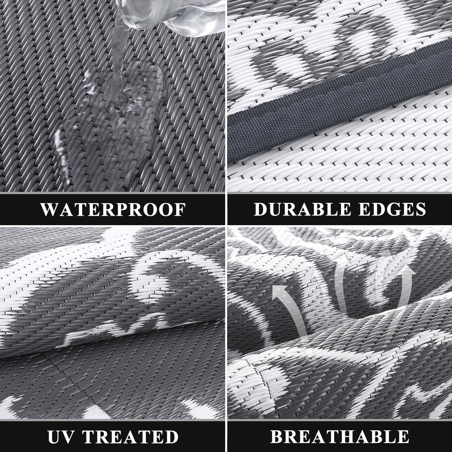 Pauwer Waterproof Outdoor Rug 10x14, Reversible Plastic Straw Patio Camping Rug, Indoor Outdoor RV Mat Carpet for Deck, Camper, Porch, Balcony, Backyard, Picnic, Boho Grey