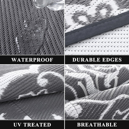 Pauwer Waterproof Outdoor Rug 10x14, Reversible Plastic Straw Patio Camping Rug, Indoor Outdoor RV Mat Carpet for Deck, Camper, Porch, Balcony, Backyard, Picnic, Boho Grey