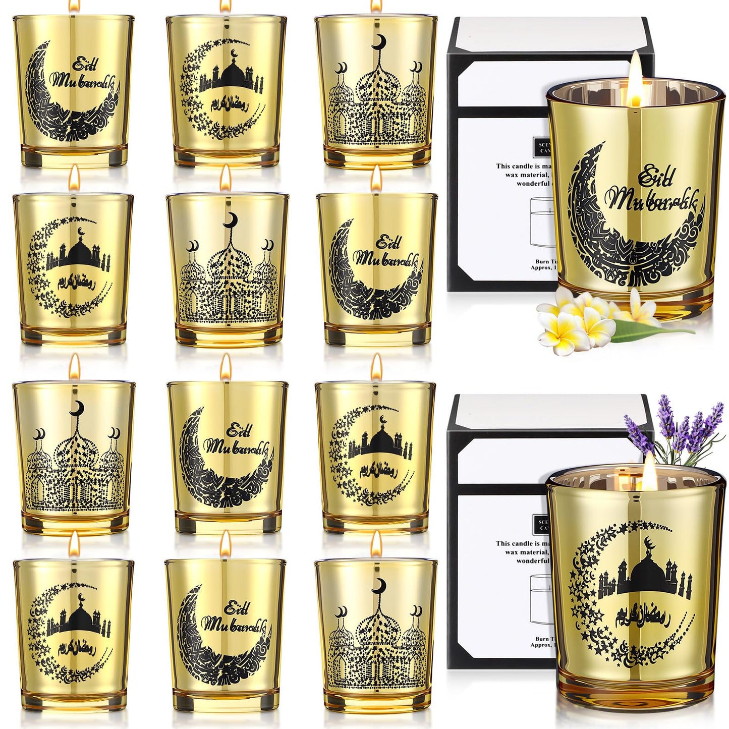 MTLEE 12 Pcs Ramadan Gifts Ramadan Mubarak Scented Candle Jar Eid Candles Eid Religious Novelty Candle Mubarak Gift for Home Muslim Islam Gifts Festival Decor(Gold)