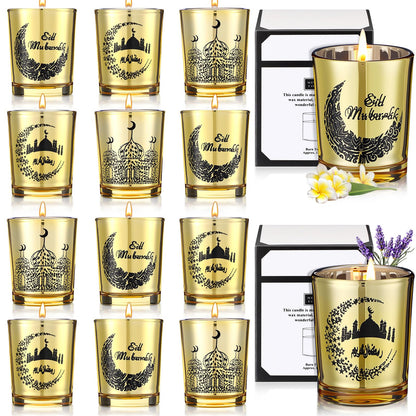 MTLEE 12 Pcs Ramadan Gifts Ramadan Mubarak Scented Candle Jar Eid Candles Eid Religious Novelty Candle Mubarak Gift for Home Muslim Islam Gifts Festival Decor(Gold)