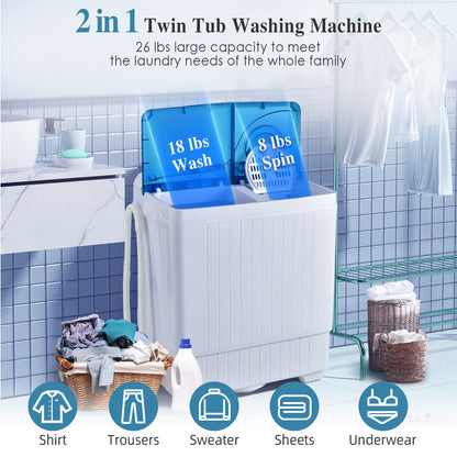 Giantex Portable Washing Machine, 26lbs Washer and Spinner Combo,18 lbs Washing 8 lbs Spinning, Built-in Drain Pump, w/Timer Control, Dorm Apartment Twin Tub Mini Laundry Washer Blue White