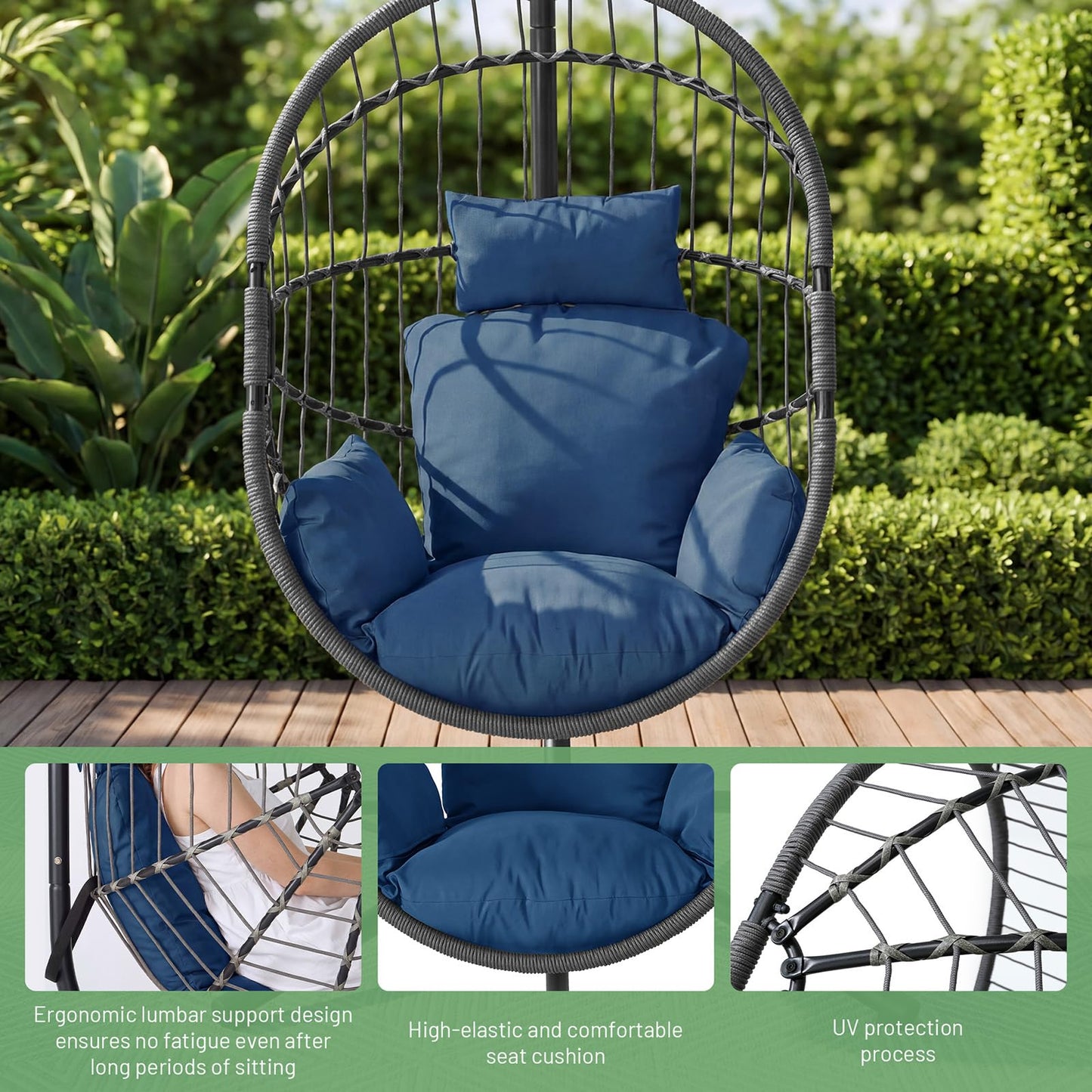 LEX CRAFT Hanging Egg Chair with Stand, Swinging Egg Chair Outdoor Indoor, Hanging Basket Chair with Cushion, Patio Wicker Hammock Chair 350lbs Capacity (Grey-Blue)