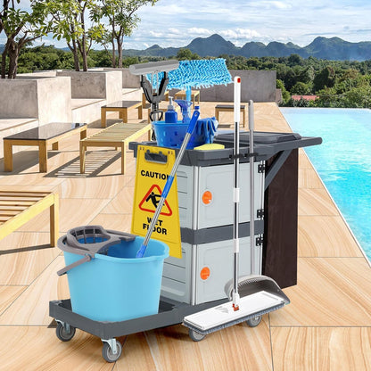 Commercial Janitorial Cart with 2 Cabinet, Cleaning Cart On Wheels, Housekeeping Caddy with Cover, Shelves, and Vinyl Bag, Hotel Housekeeping Room Hand Push Utility Service Cart