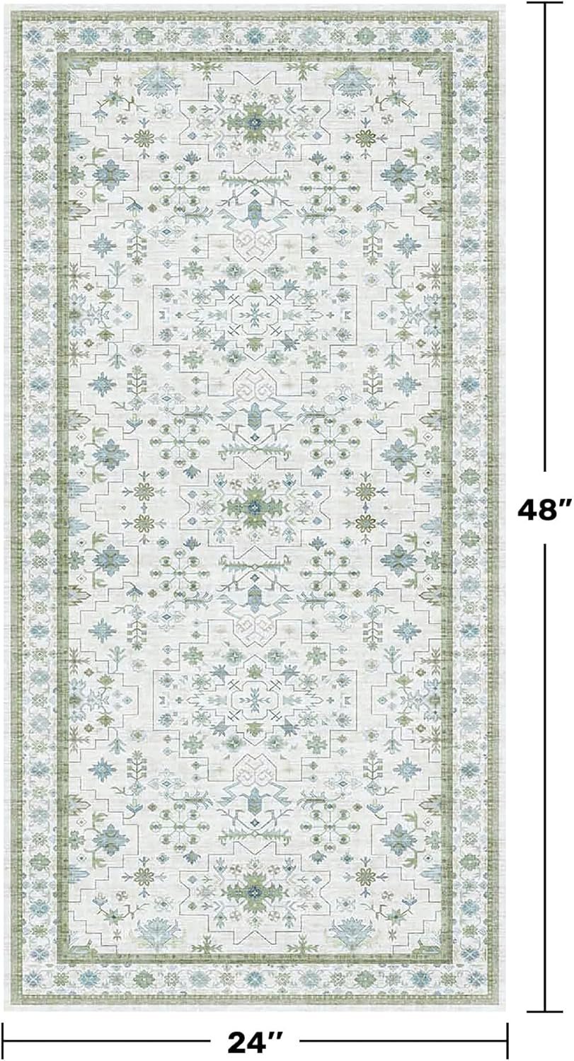 Oushak Boho Bathroom Rug - Cream Green & Blue Floral Design, Washable Non-Slip, 2x4 ft