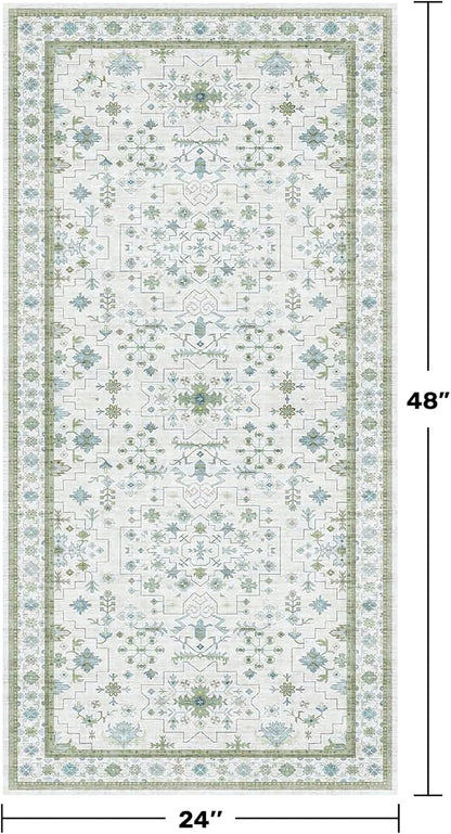 Oushak Boho Bathroom Rug - Cream Green & Blue Floral Design, Washable Non-Slip, 2x4 ft