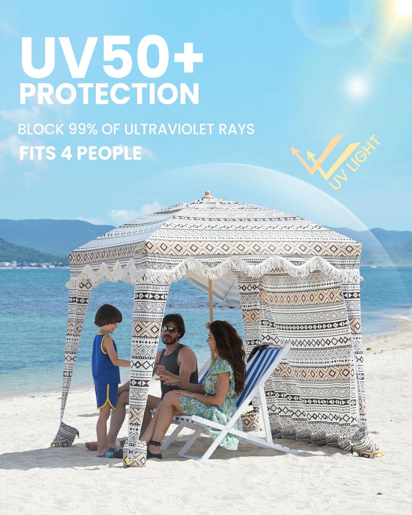 OutdoorMaster Beach Cabana with Fringes, Portable 6' x 6' Beach Canopy for Sand, Easy Set Up Sun Shelter, Included Side Wall, UPF 50+ UV Protection Sun Umbrella - for Family & Friends -Retro Brown