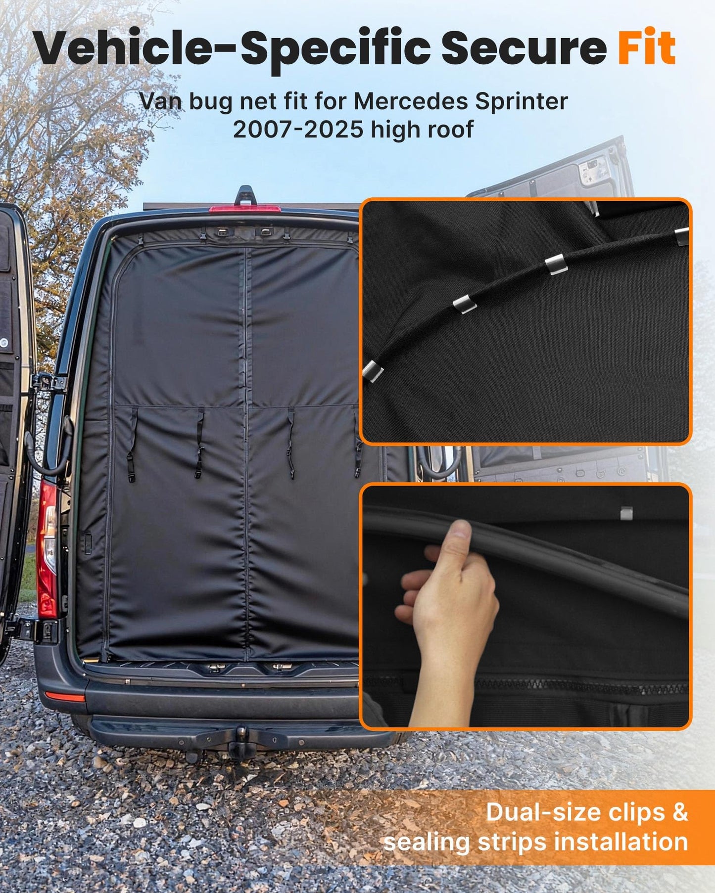 MELIPRON Van Bug Screen with Privacy Blackout Panel Fit for Mercedes Sprinter 2007-2025 High Roof Rear Door, Magnetic Self-Closing Mosquito Net Fly Screen for Van Life Camping