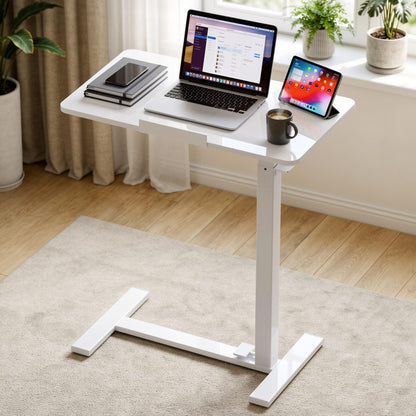 HAPPYMONT Adjustable Overbed Bedside Table with Hidden Wheels, Mobile Standing Desk with Pneumatic Lift, Portable Computer Workstation Cart for Bed, Couch, Office, Sofa, White