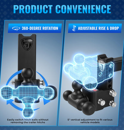 JEXTRA Adjustable Trailer Hitch Ball Mount, fits 2 Inch Hitch Receiver, 5" Rise & Drop Hitch Tri-Ball (1-7/8" x 2" x 2-5/16"),12,500 LBS GTW Trailer Hitch with Double Anti-Theft Locking Pins Black