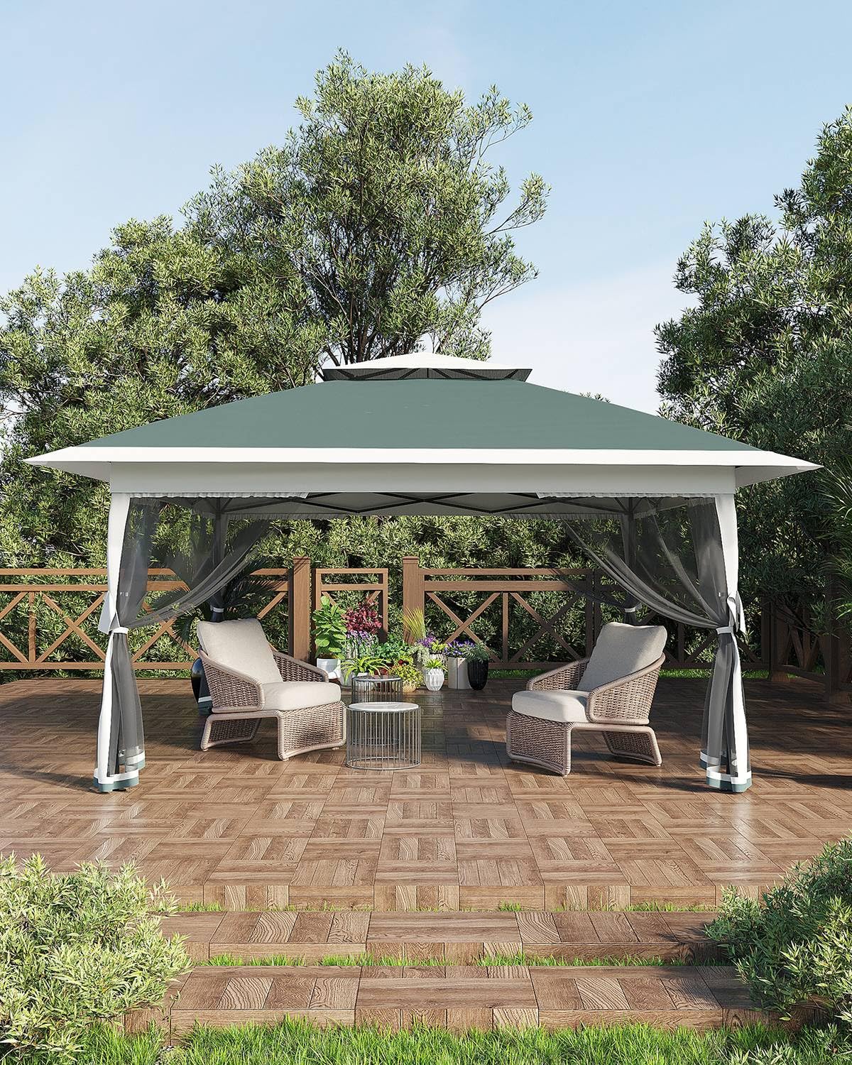 Garveelife Canopy Tent 13x13, Pop Up Gazebo Tent Easy Setup with 4 Sand Bags for Backyard Garden Patio, Mosquito Netting & Height Adjustable - Green