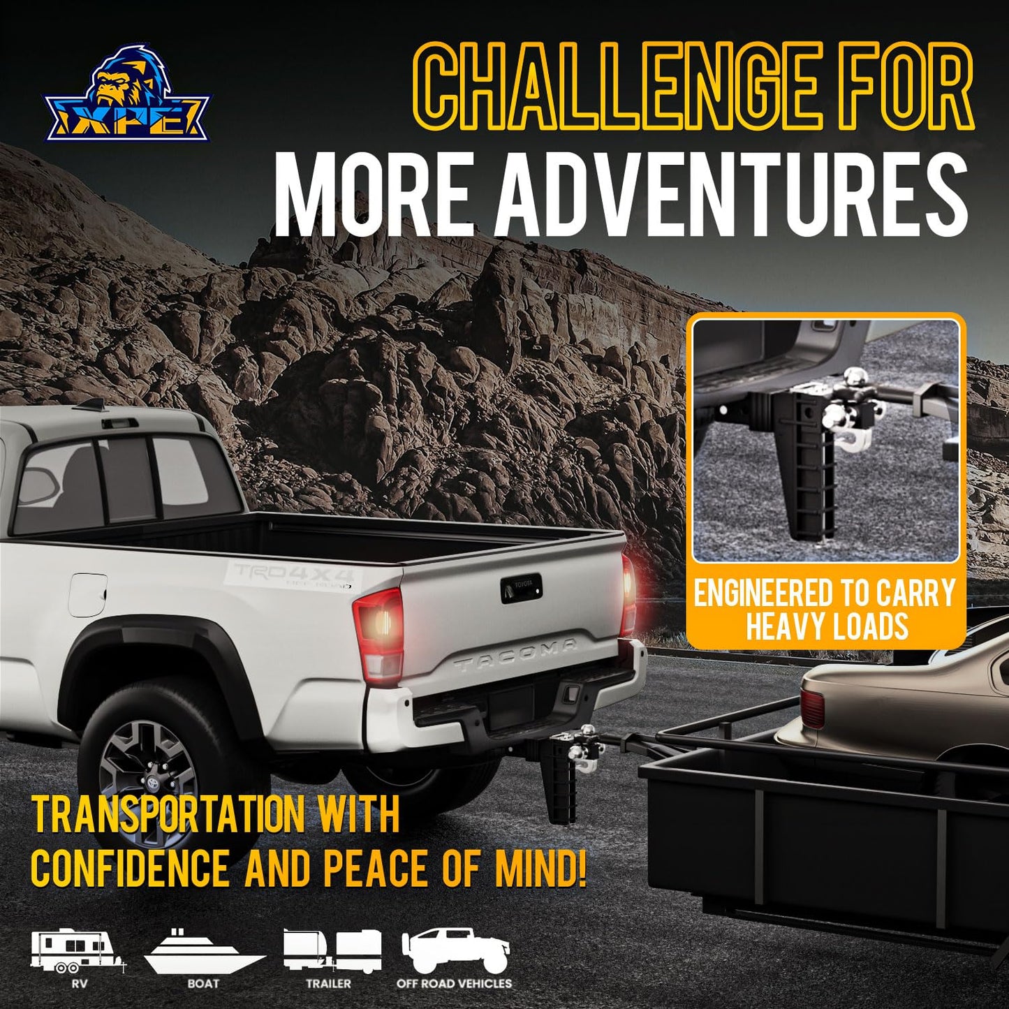 XPE Adjustable Trailer Hitch Fits 2.5-Inch Receiver, Heavy Duty Tow Hitches (18500 LBS GTW) 6 Inch Drop Truck Hitch Tri-Ball Mount with Hook (1-7/8" x 2" x 2-5/16")
