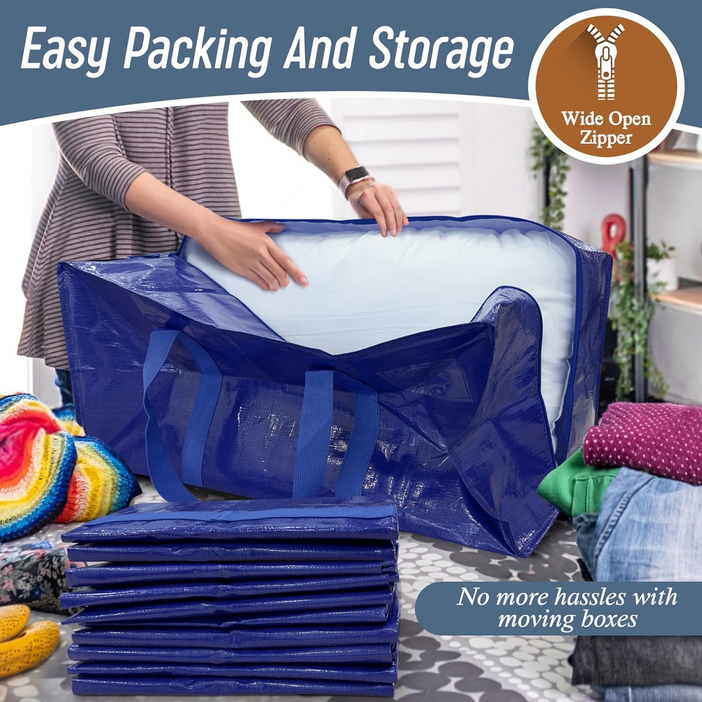 Regine Switzerland 6-Pack Extra Heavy Duty Moving Bags - Strong Zipper & Comfortable Handles, Durable Storage Totes in Blue