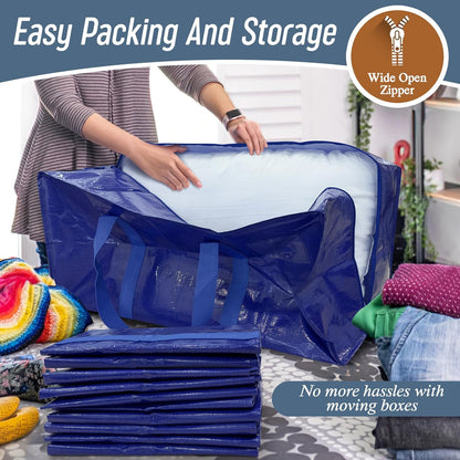 Regine Switzerland 6-Pack Extra Heavy Duty Moving Bags - Strong Zipper & Comfortable Handles, Durable Storage Totes in Blue