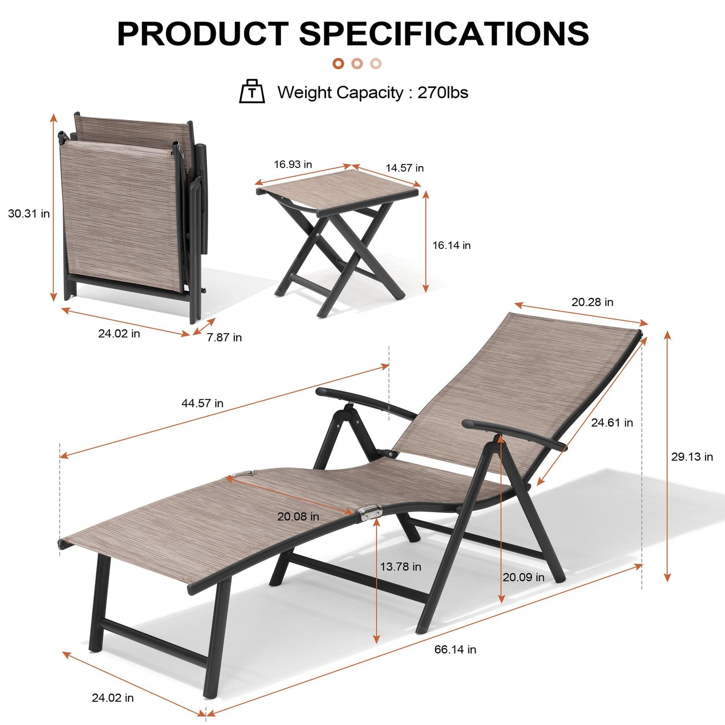 Crestlive Products 2PCS Chaise Lounge Chair Outdoor with 1PC Side Table, Aluminum Folding Patio Recliner Chair, Adjustable 8 Positions Assemble-Free