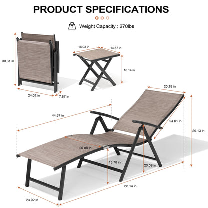 Crestlive Products 2PCS Chaise Lounge Chair Outdoor with 1PC Side Table, Aluminum Folding Patio Recliner Chair, Adjustable 8 Positions Assemble-Free