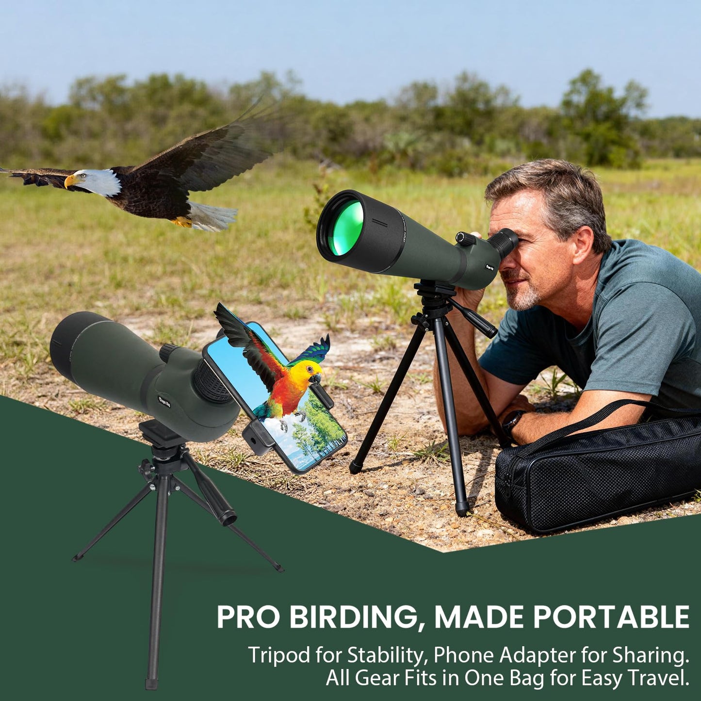 BIBIRE 25-75x80 HD Spotting Scopes, Angled Spotter Scope with Tripod and Phone Adapter Spotting Scope for Bird Watching Wildlife Wiewing