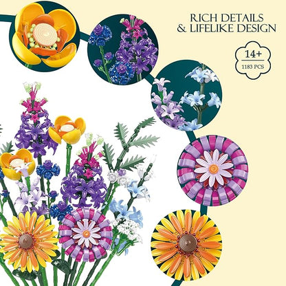 Artificial Botanical Flower Bouquet Building Blocks Set 1183Pcs DIY Wildflower &amp Tropical Flower Home Office Desk Decor Gift for 14+ Girls Women Teens Birthday Mother's Day Christmas Anniversar