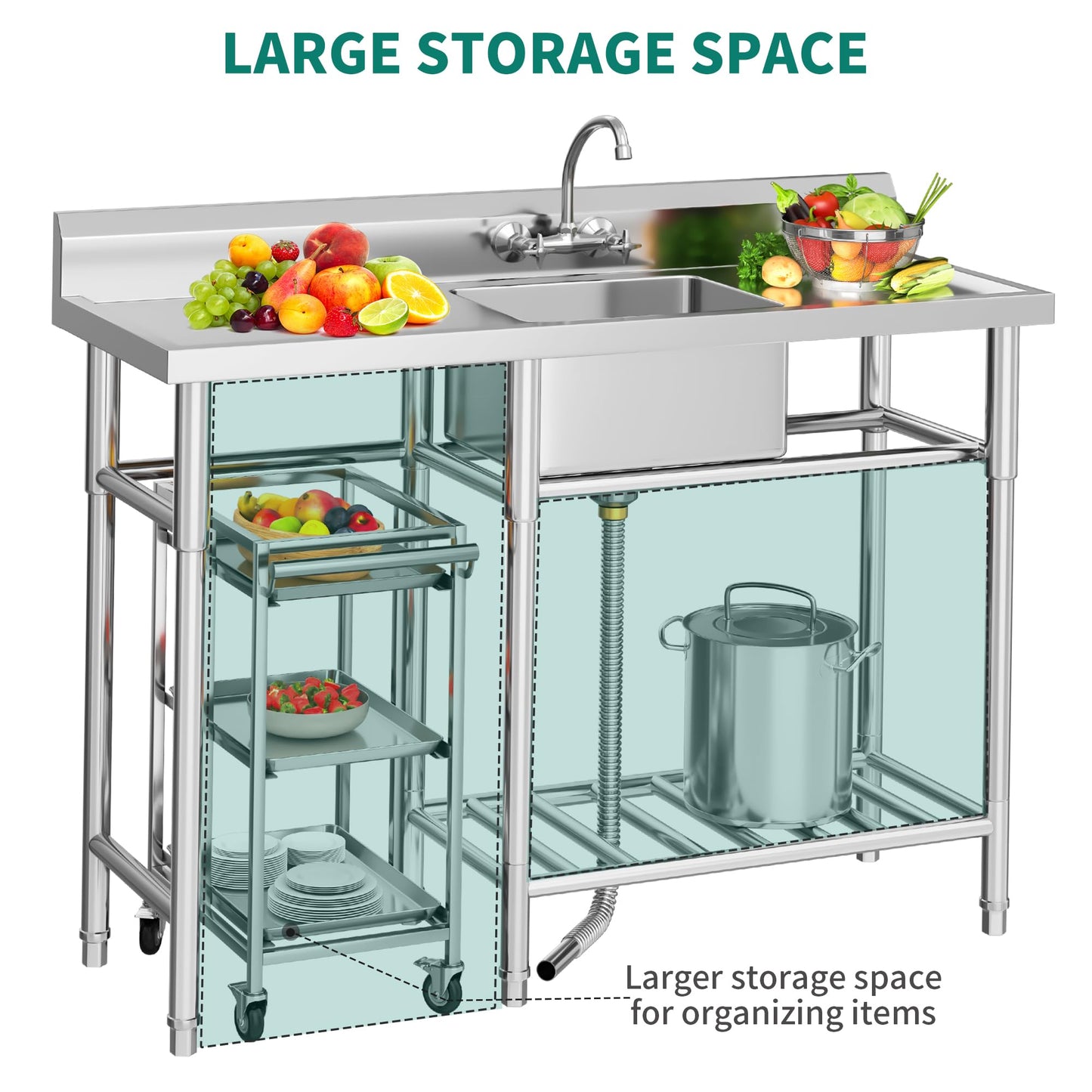 YITAHOME Stainless Steel Freestanding Utility Large Sink with 2 Drainboards & Cart Storage Space, Single Bowl NSF Commercial Prep Sink W/Storage Shelf for Restaurant, Laundry, Garage,Outdoor 50in