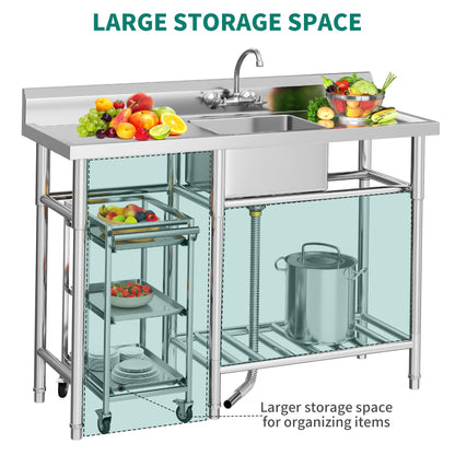 YITAHOME Stainless Steel Freestanding Utility Large Sink with 2 Drainboards & Cart Storage Space, Single Bowl NSF Commercial Prep Sink W/Storage Shelf for Restaurant, Laundry, Garage,Outdoor 50in