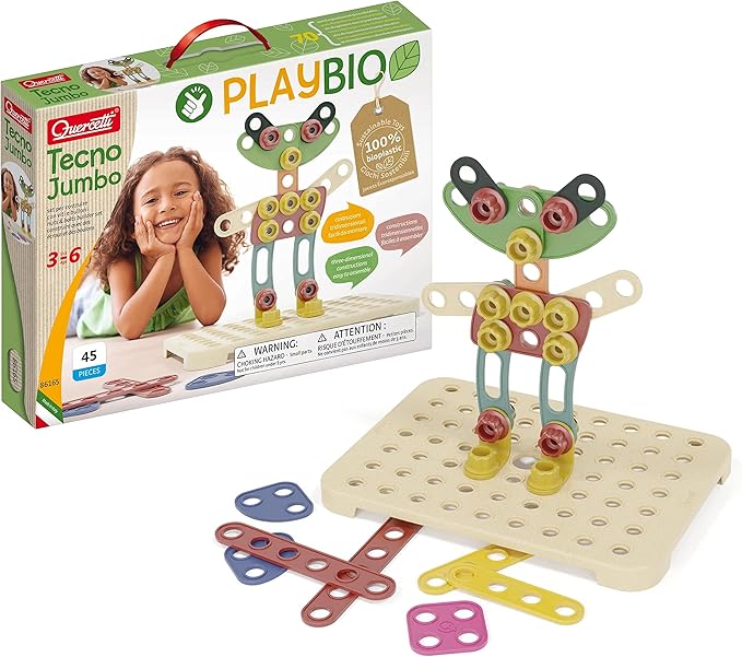 Quercetti Tecno Jumbo Building Toy - Set includes 45 Pieces to Make 3-D Designs - STEM Toy for Educational Play and Motor Skills Development - Made with PlayBio Material - for kids ages 3 years +