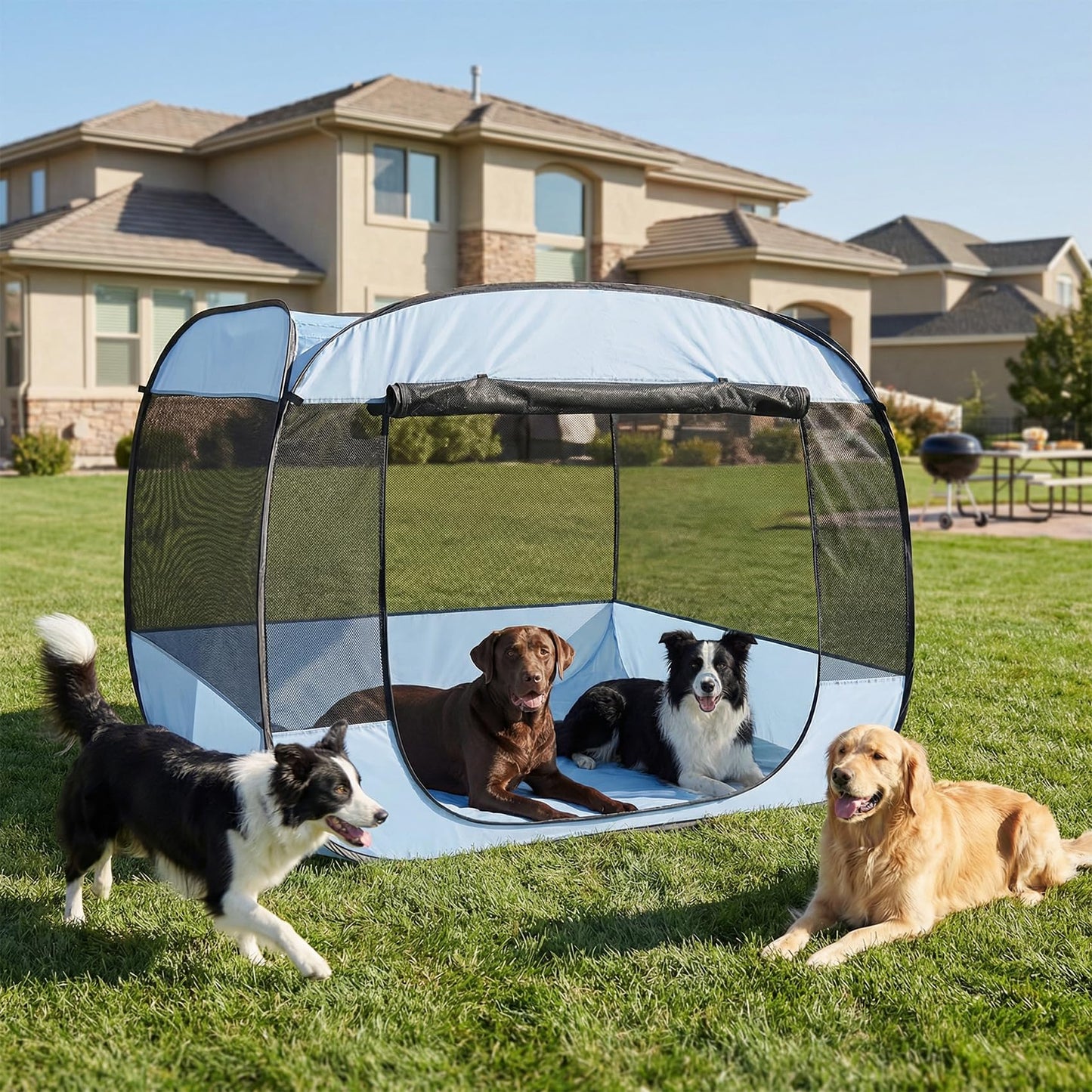 EighteenTek XLarge Popup Portable Dog Houses, 5.3'x4'H Assembly-Free Gazebo-Style Dog Cot Cat Playpen Screen Pet Tent Sun Shade Shelter Dog Bed with Canopy for Outdoor, Anti-Bugs with Leakproof Bottom