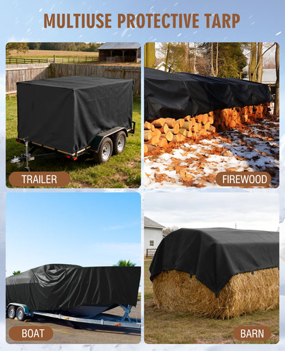 HIRALIY 20 Mil Heavy Duty Waterproof Tarp, 20x30ft Black Tarpaulin with Reinforced Webbing Loops, Multipurpose Oxford Fabric Tarp for Firewood, Roof, Camping, Pool