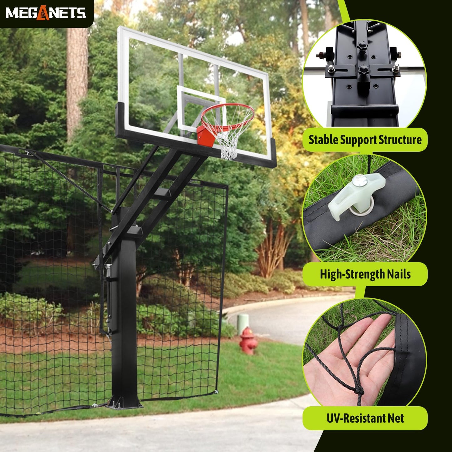 MegaNets Heavy Duty Basketball Return Net 12FT X 10FT, UV-Resistant Yard Guard Backstop Net Basketball Return & Defensive Net System, Ball Net Catcher Suit for Square Poles