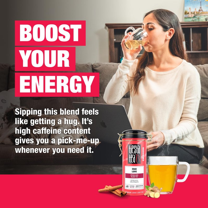 Tiesta Tea - Chai Love, Loose Leaf, Spiced Chai Black Tea, Premium Blend, High Caffeinated, Make Hot or Iced & Brews Up to 50 Cups, 4 Ounce Refillable Tin