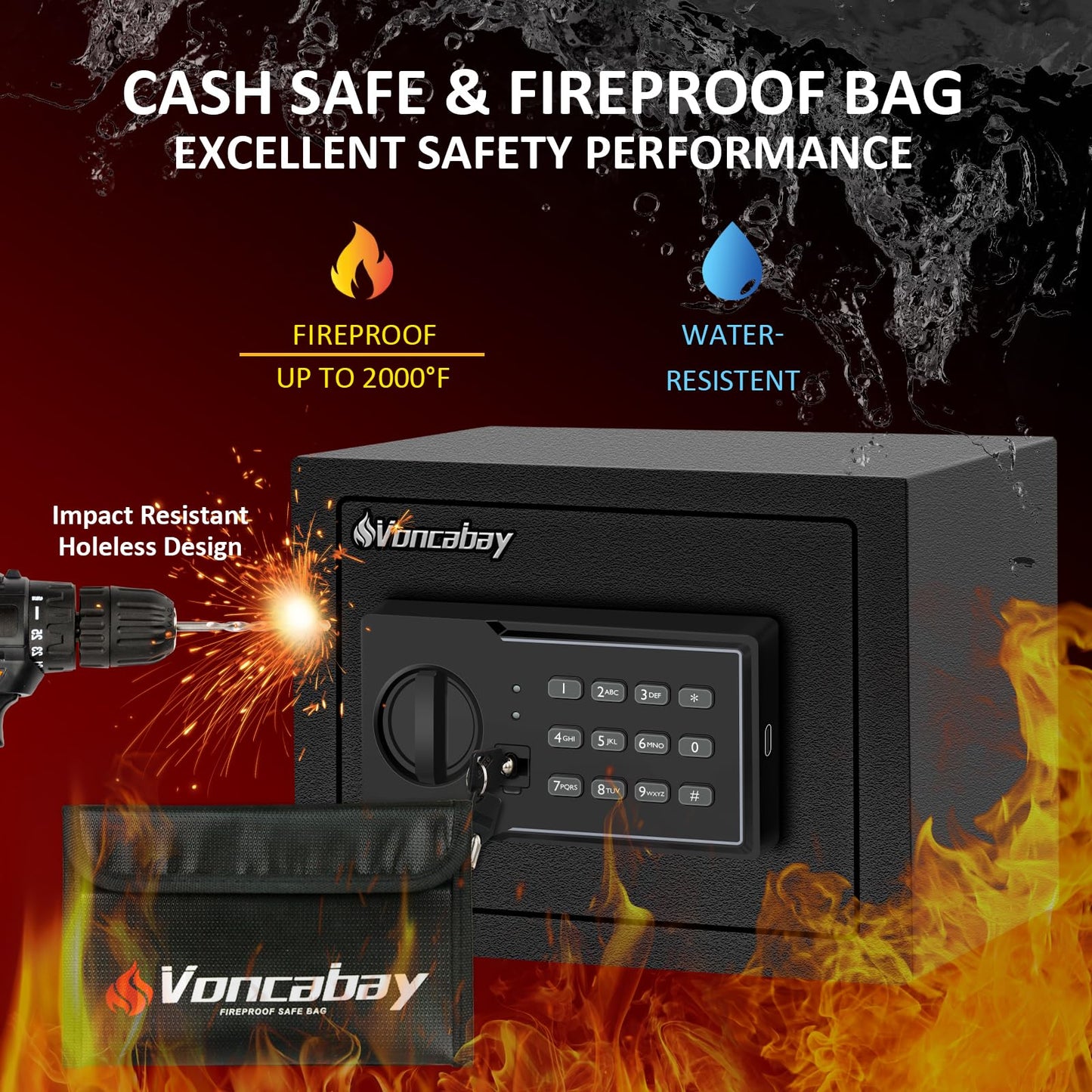 Voncabay Money Safe Box for Home with Sensor Light and Mute Function & Fireproof Security Safe Box for Money Safe with Emergency Power Outlet, Lock Box Fireproof Safe with Digital Keypad