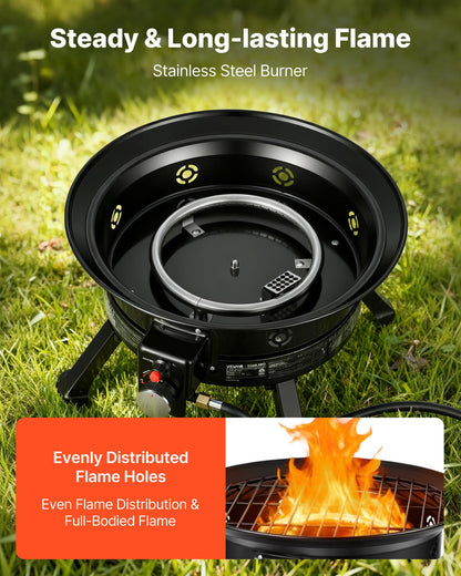 VEVOR Propane Fire Pit 24-Inch, 53,000 BTU Portable Gas Fire Pit, with Grill Grate & Lava Rocks, Adjustable Flame, Folding Legs,Smokeless Outdoor Firebowl for Camping, Patio, Backyard, Deck, RV, Black