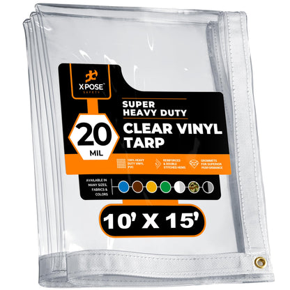 10' x 15' Clear Vinyl Tarp - Super Heavy Duty 20 Mil Transparent Waterproof PVC Tarpaulin with Brass Grommets - for Patio Enclosure, Camping, Outdoor Tent Cover, Porch Canopy - by Xpose Safety