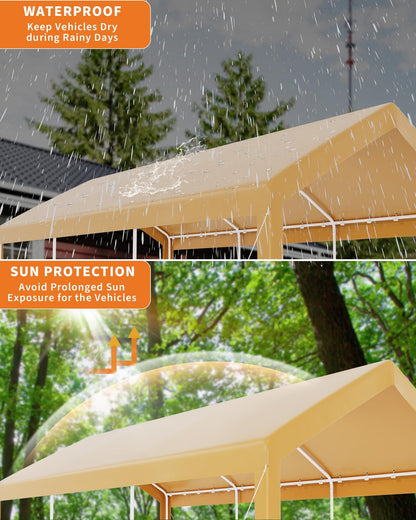 10X20Ft Heavy Duty Carport, Portable Heavy Duty Garage Shelter with Powder Coated Steel Frame, Waterproof UV-Resistant Triple-Layer Tarp, Garage Tent for Cars, Trucks and Boats, Yellow