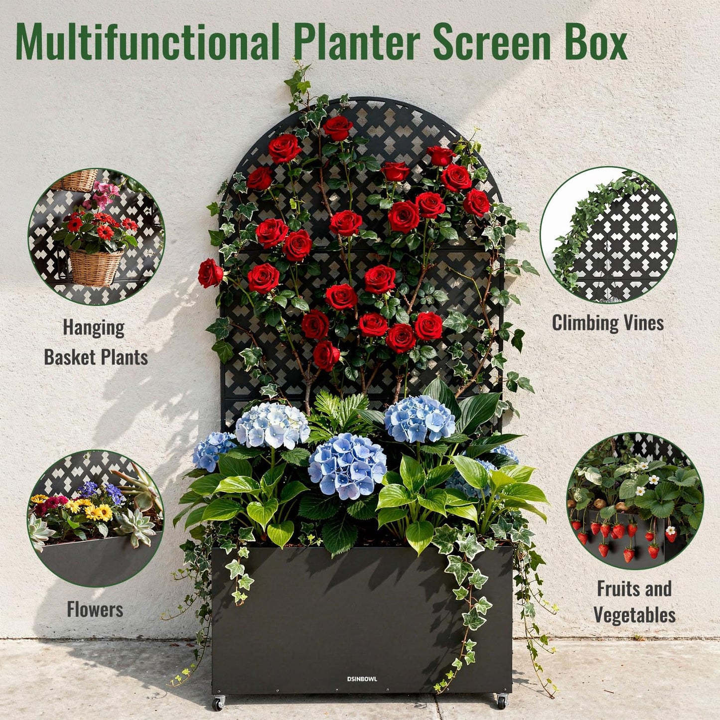 Metal Planter Box with Trellis and Wheels, 72.8 * 35.4 * 11.8IN Raised Garden Bed with Drainage Holes and Soil-Retention Mesh, Outdoor Privacy Screen Planter for Patio, Balcony, Deck and Garden