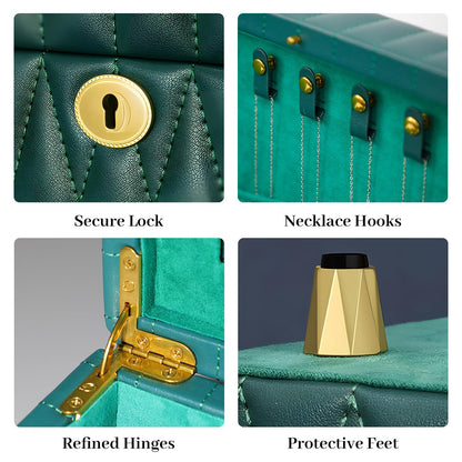 Homruilink Genuine Leather Jewelry Box – 3 Layer Large Jewelry Organizer with Mirror, Lockable Jewelry Box for Women – Necklace, Ring, Earring Organizer with Drawer - Fathers Day Gift for Dad (Green)